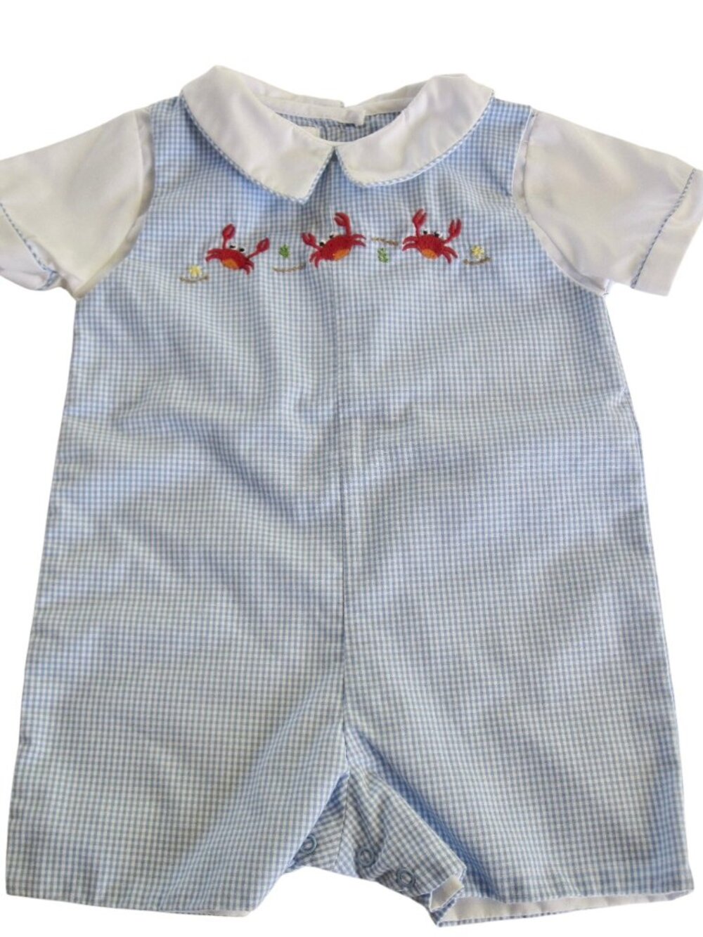 Vintage Y2K Petit Ami Romper Shortall Embroidered Crabs Blue Mini Gingham 3 Mos